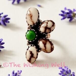 Dainty Minimslist Wild Horse Jasper & Green Turquoise Half Cluster Ring Adjust